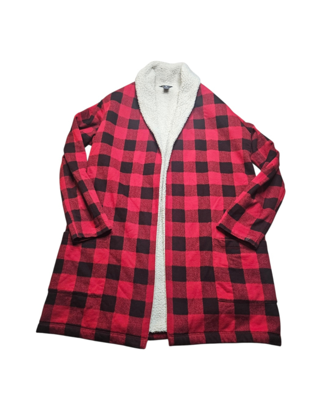 Eddie Bauer Small Red Black Buffalo Plaid Sherpa Cardigan - Picture 3 of 7